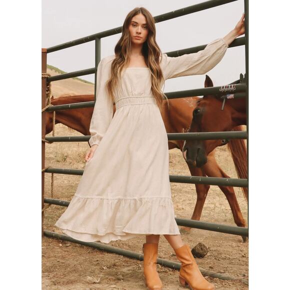 lost & wander Dresses & Skirts - LOST + WANDER Easy Breezy Square Neck Long Sleeve Midi Dress in Oatmeal NWT